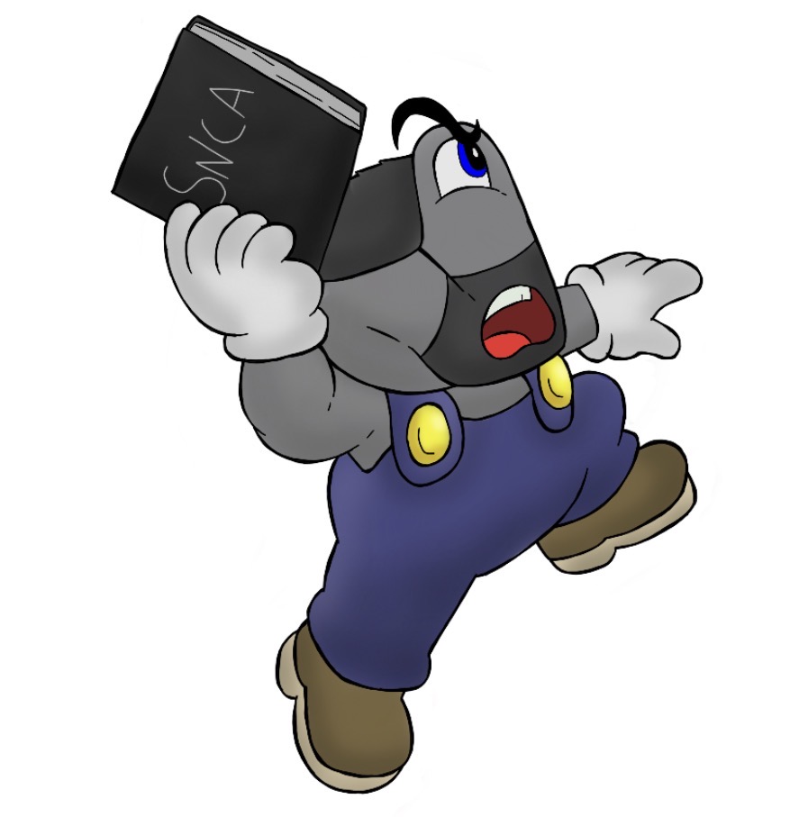 kappatard, gigaboy, gigachad, mario, angry, blue eyes, clothes, gray skin, holding book, nintendo