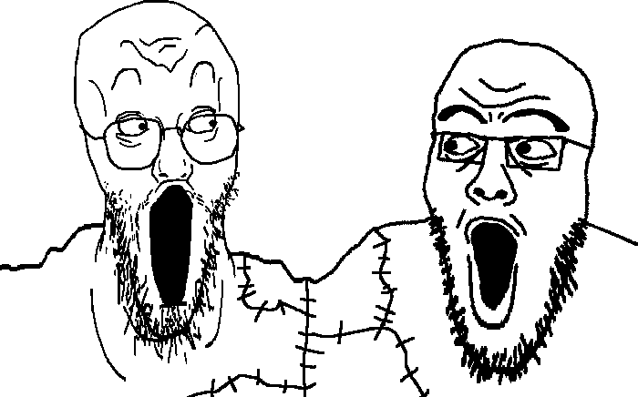 greenfag, smashjak, tuahjak, biological xisters, 2soyjaks, bald, black eyes, glasses, looking at each other, looking to the left