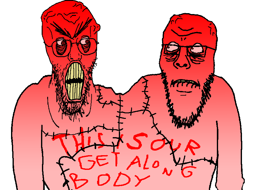 greenfag, smashjak, tuahjak, biological xisters, 2soyjaks, angry, bald, biting lip, front view, frown