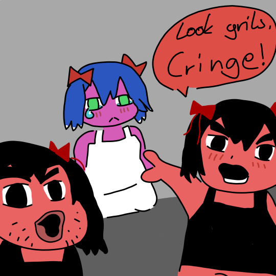 bury pink gril, two pointing soyjaks, /s4s/, angry, blue hair, bury ebil gril, closed mouth, clothes, crying, frown