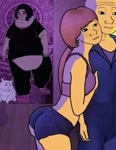 doomer girl wojak, female wojak, wojak, animal, bald, bbw, black hair, cat, cat ears, closed mouth