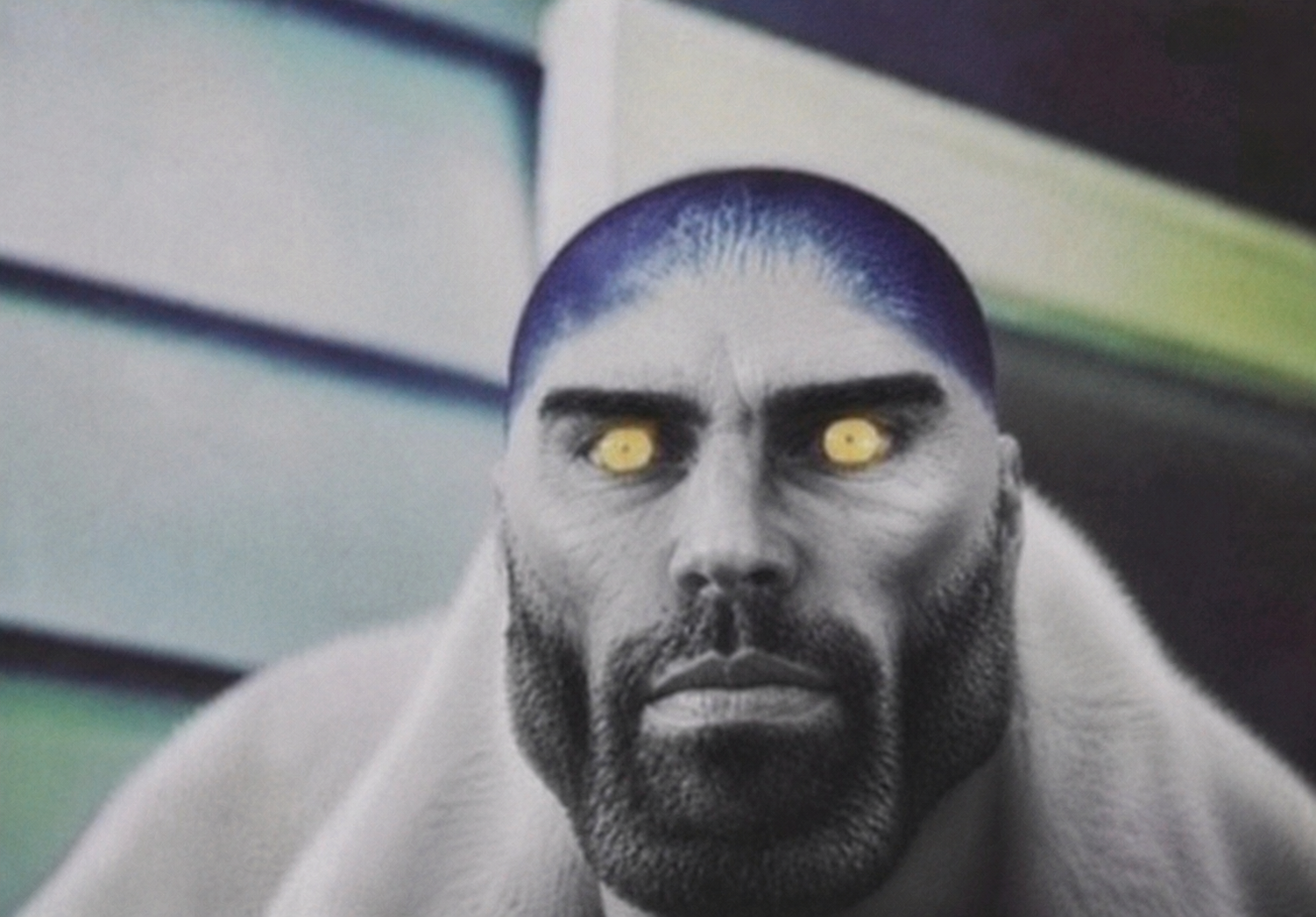 gigachad, animal, beard, blue hair, buzz cut, cat, cat ears, closed mouth, ear, ears
