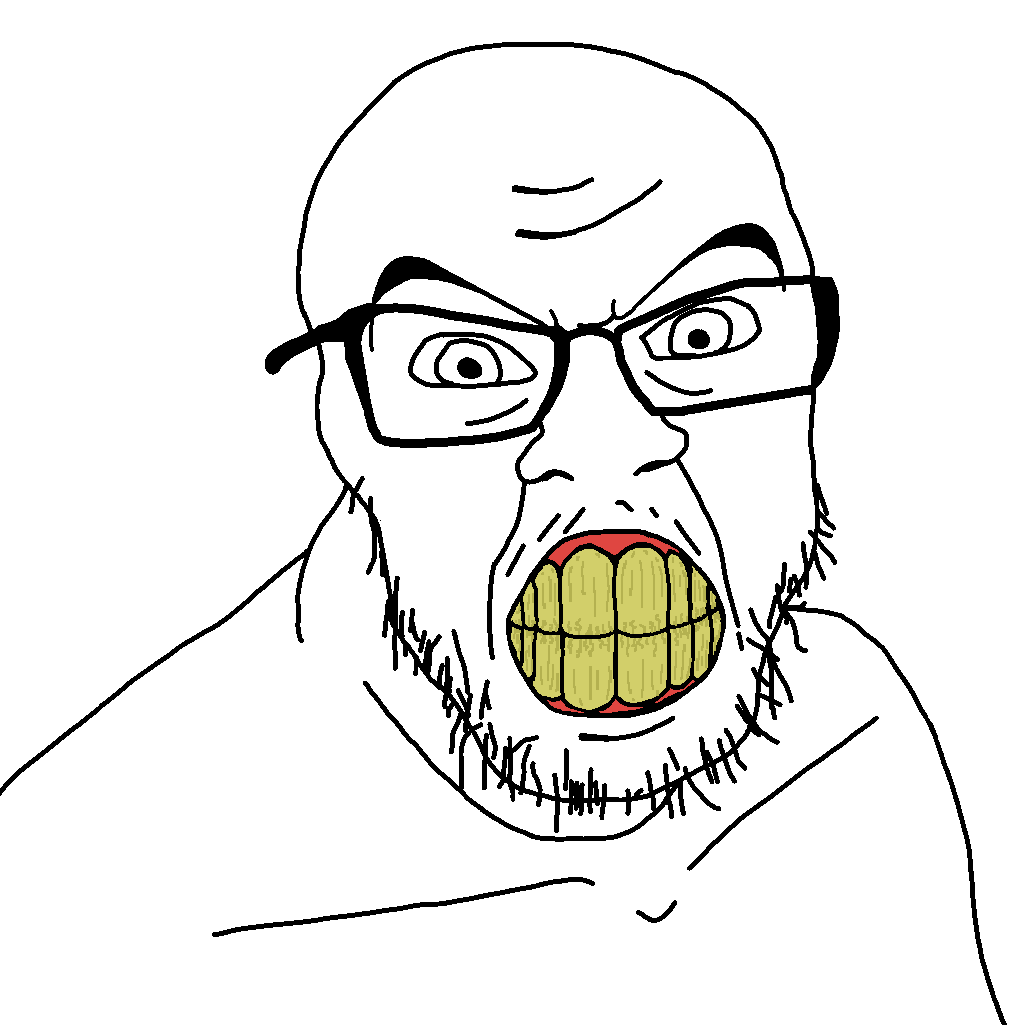 feraljak, remastered soyjaks, angry, beard, clenched teeth, front view, glasses, gritting teeth, gums, head