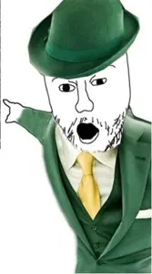 two pointing soyjaks, arm, clothes, hat, mr green, open mouth, pointing, soyjak, stubble, suit