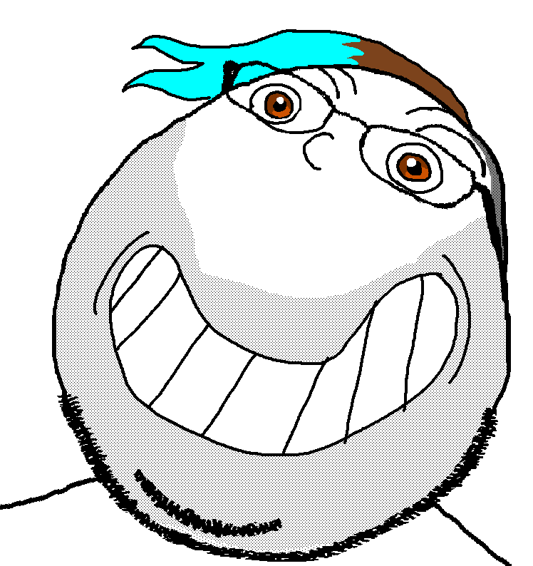 gapejak, omegageg, shrimpish, calarts, 1soyjak, bald, bean mouth, black eyes, blue hair, brown eyes