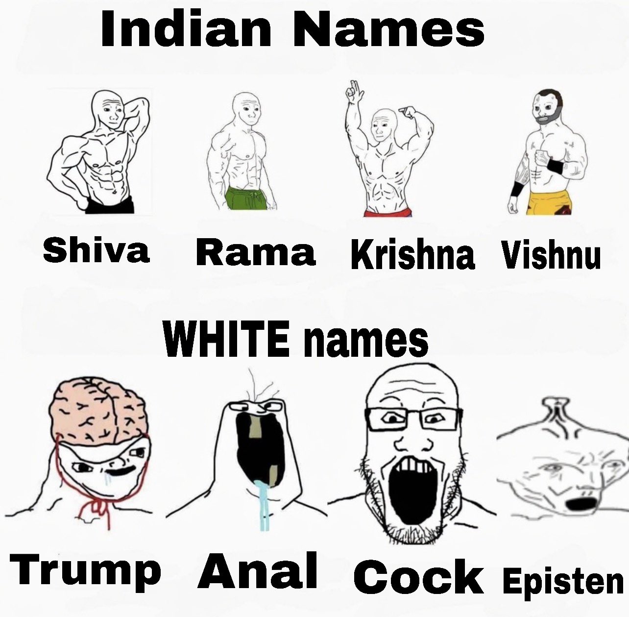 donald trump, wojak, markiplier soyjak, anal, big brain, bodybuilder, brainlet, buff, closed mouth, cross eyed