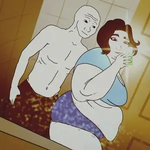 doomer girl wojak, wojak, bald, bbw, belly, black hair, camera flash, fat, fat woman, female