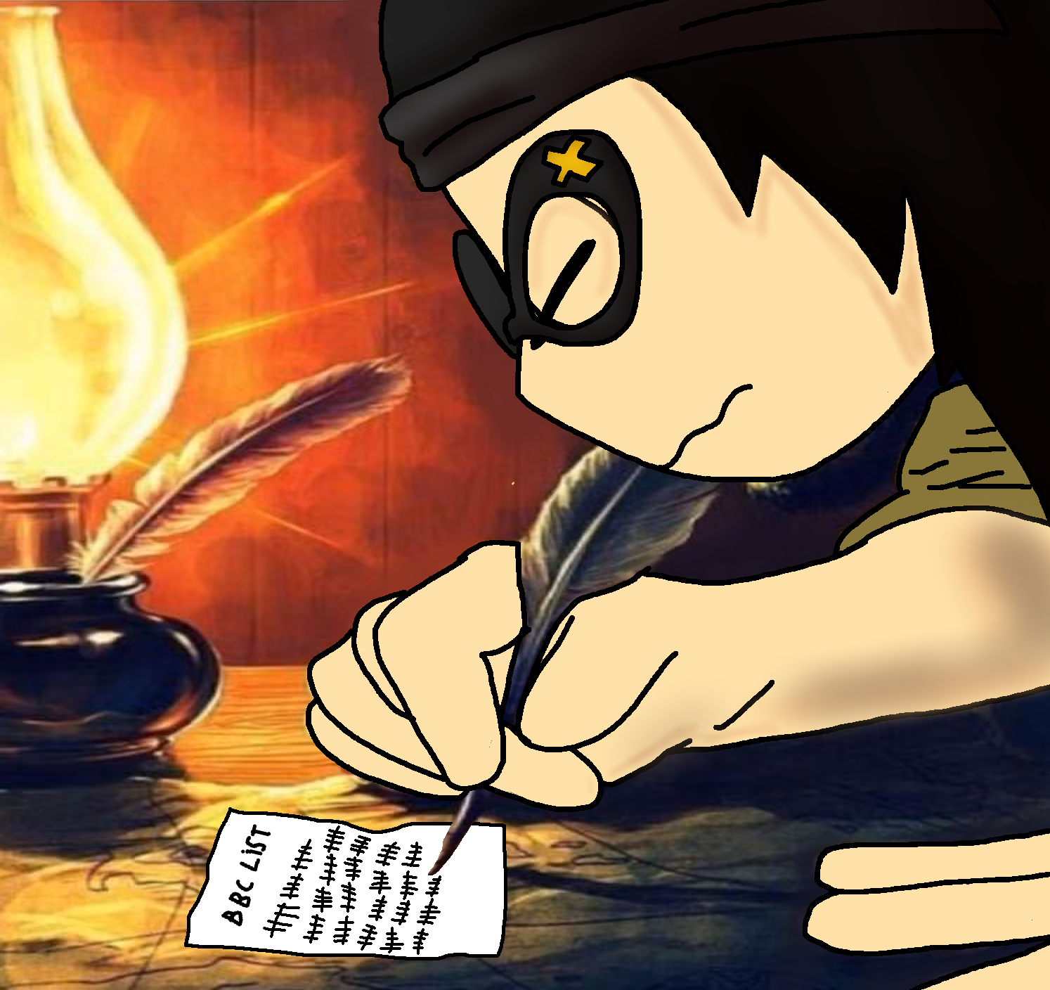 soychang, soytan, 1soyjak, arm, beanie, black hair, closed mouth, clothes, drawn background, feather