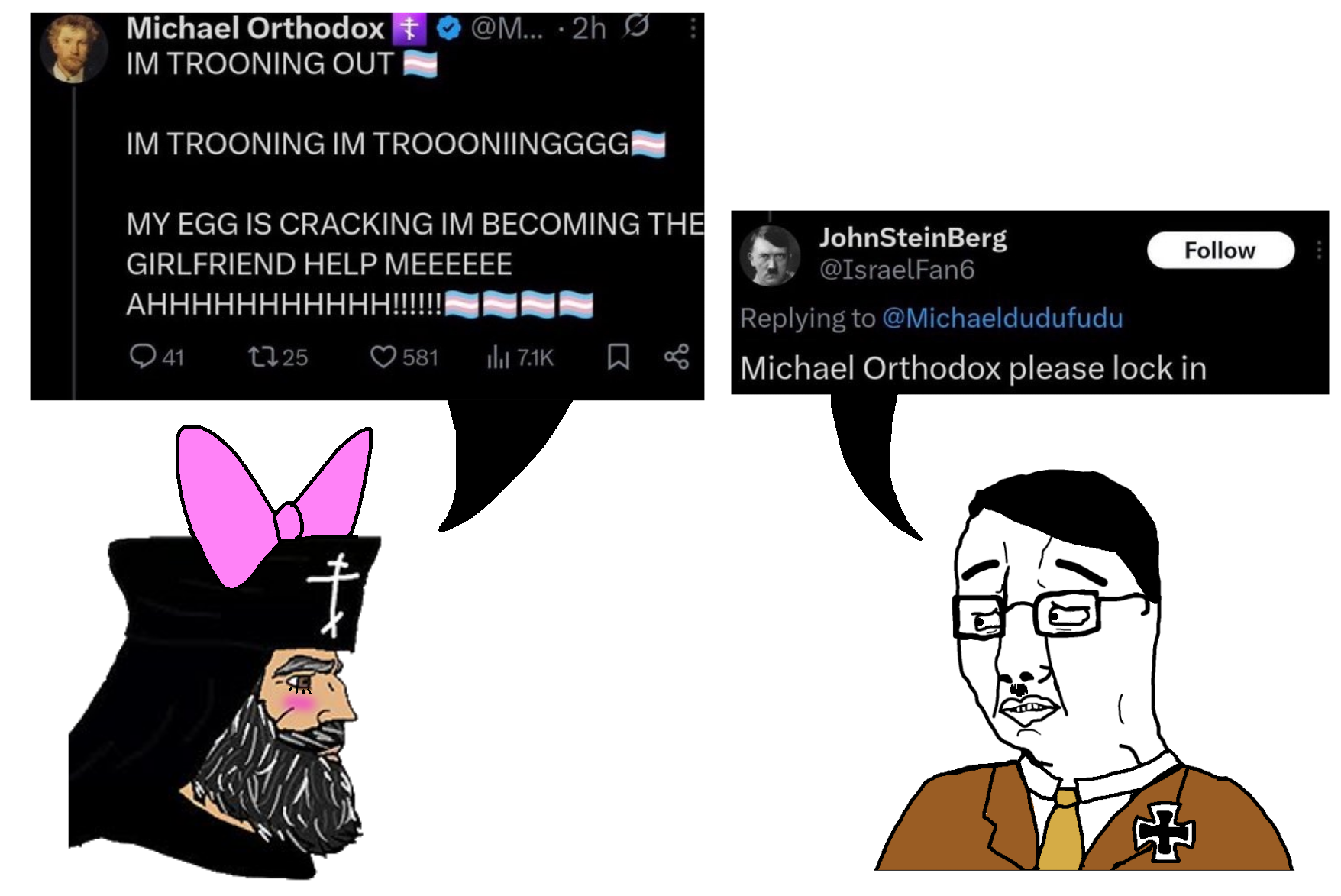 yes chad, chudjak, chudjak front, adolf hitler, afraid, bow, eastern orthodox, hitler mustache, looking at you, looking to the left