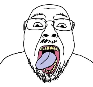 bernd, troonjak, 1soyjak, bald, blue tongue, front view, glasses, looking at you, mustache, open mouth