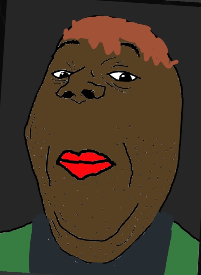 alicia, gapejak, gapelicia, 1soyjak, big red lips, black eyes, black skin, brown hair, closed mouth, gray background