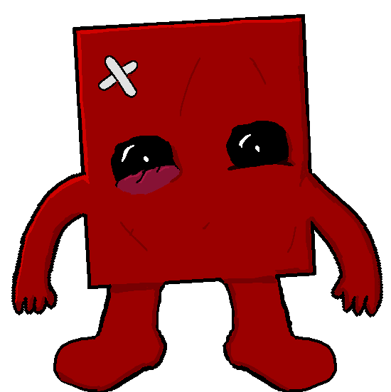 super meat boy, feraljak, condiment, cube, 1soyjak, arm, bandage, big eyes, black eyes, closed mouth