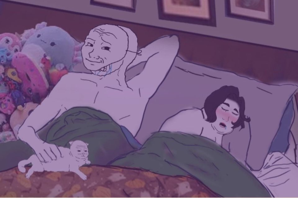 doomer girl wojak, wojak, 2nas, after sex, animal, bbw, bed, black eyes, black hair, camera
