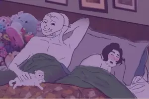 doomer girl wojak, wojak, 2nas, after sex, animal, bbw, bed, black eyes, black hair, camera