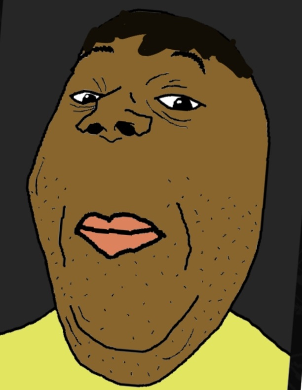 alicia, gapejak, gapelicia, 1soyjak, black eyes, black hair but lil brown, brown skin, closed mouth, coral lips, fat