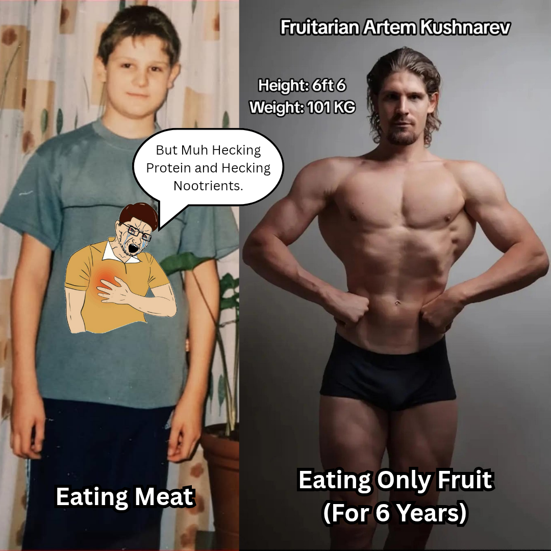 fruitjeet, soyak, heartatjak, 1soyjak, bodybuilding, brown hair, buff, carnivore, closed mouth, food