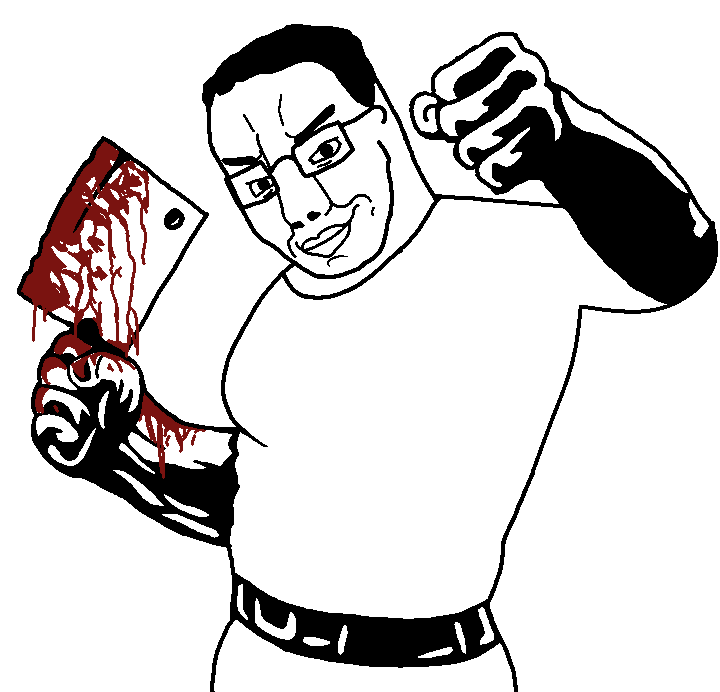 chudjak, belt, blood, buff, cleaver, closed mouth, fist, half body, holding knife, holding object