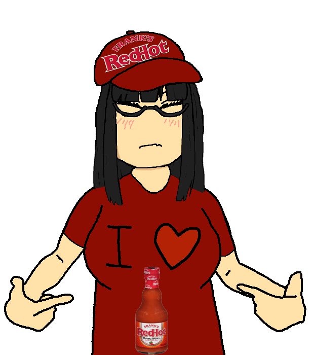 soychang, soytan, shirtjak, black hair, bottle, cap, closed mouth, clothes, female, franks redhot