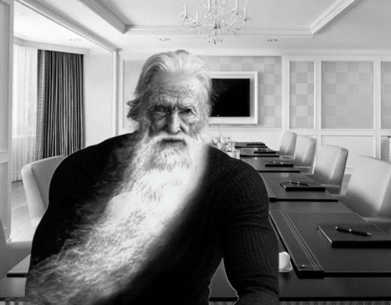 gigachad, old gigachad, animated, beard, dust, fading, front view, gray skin, grayscale, hair