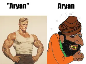 happy merchant, aryan, a10 eyes, big nose, blonde hair, brown skin, buff, clothes, evil, hair