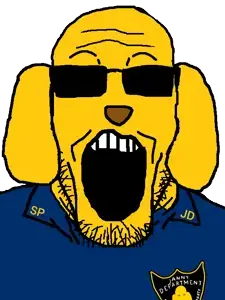 markiplier soyjak, 1soyjak, bald, front view, glasses, janny, looking at you, open mouth, police, stubble