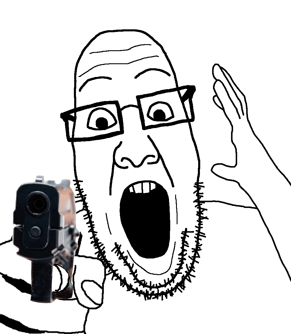 ppp, 1soyjak, animated, bald, front view, glasses, gun, hands, holding object, looking at you