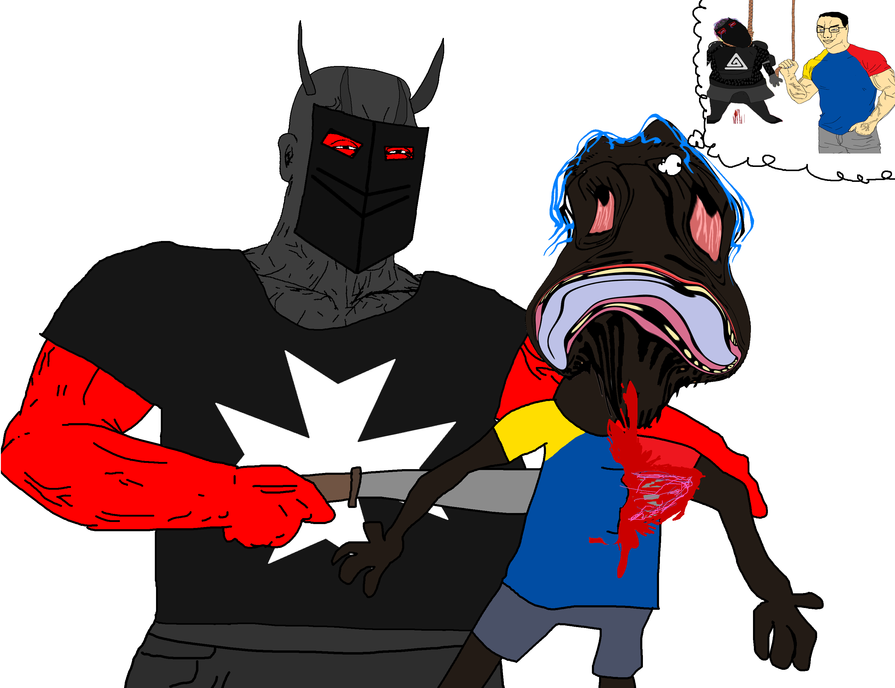 bernd, chudjak, perceptive chud, 2soyjaks, black eyes, black skin, blood, blood spray, bloodshot eyes, blue hair