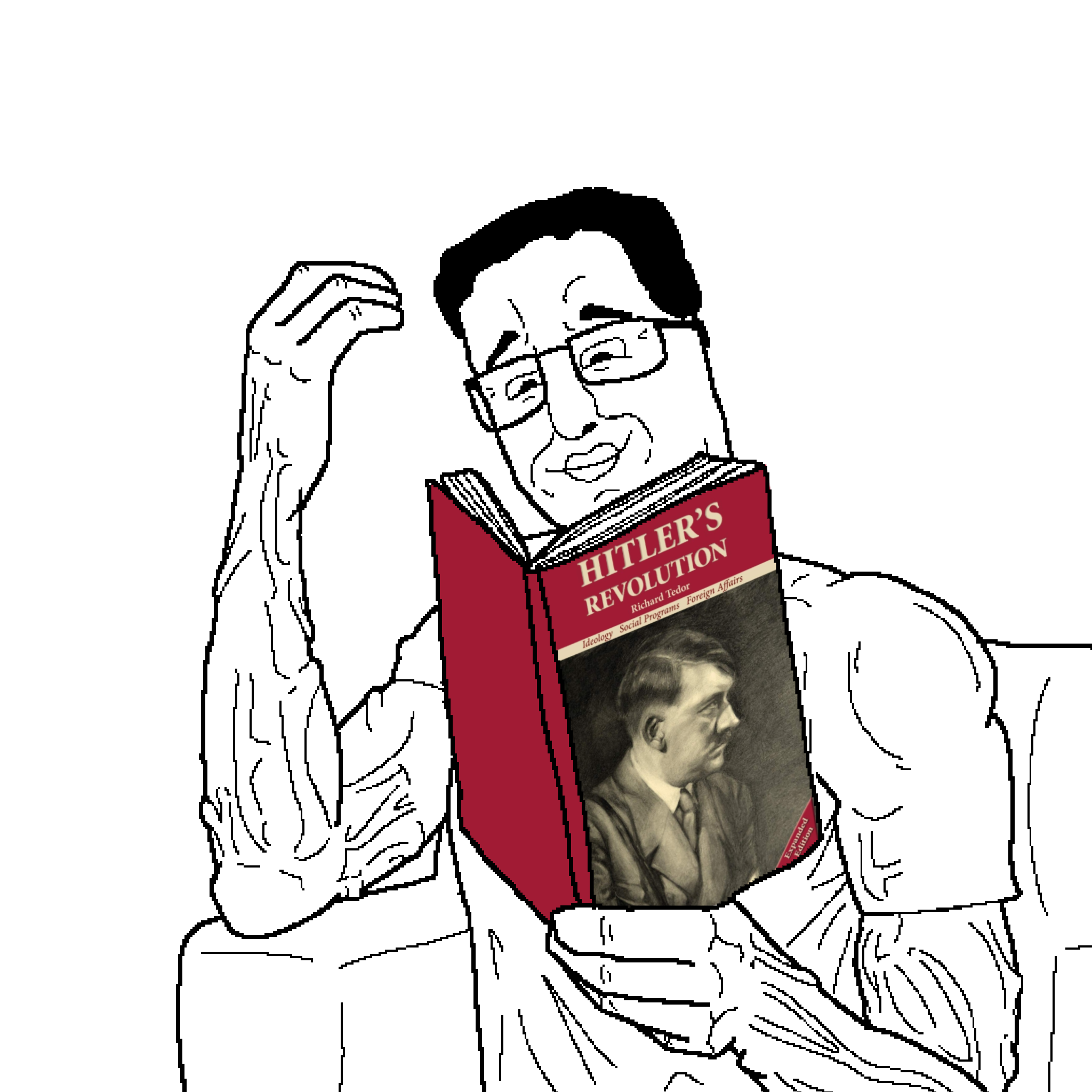 chudjak, chud reading, 1soyjak, adolf hitler, black eyes, black hair, book, buff, closed mouth, glasses