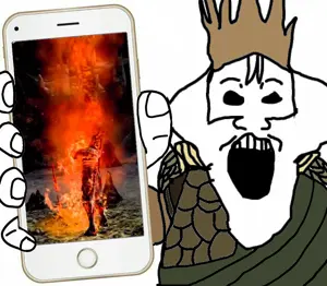 markiplier soyjak, phoneplier vertical, showing phone, beard, clothes, crown, dark souls, hands, holding object, holding phone