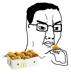 chudjak, angry, arm, chicken nuggets, closed mouth, food, hair, hands, holding object, mcdonalds
