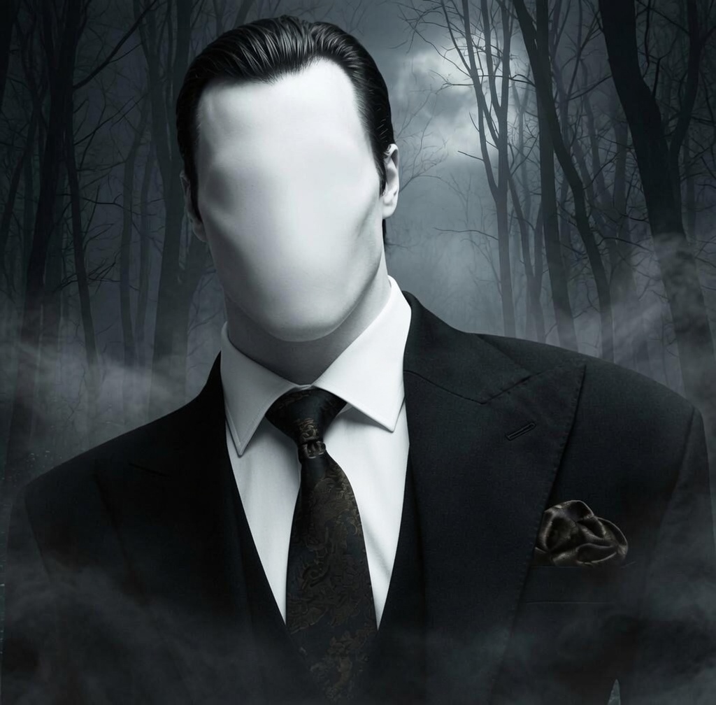 gigachad, nophono, slenderman, black hair, black suit, black tie, buff, clothes, creepypasta, fog