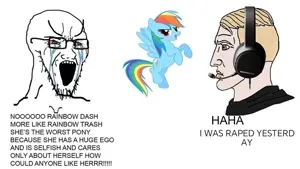 240666 - soybooru.com - angry aryan blonde_hair blue_skin cry female glasses hair headphones my_little_pony pegasus pony rainbow rainbow_dash rainbow_hair screaming soyak soyjak stubble tail tears yes_chad_edit_108202305701169.jpg