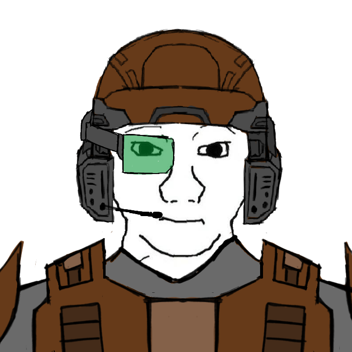 wojak, bald, black eyes, clothes, eyebrows, front view, half body, halo, halo ce, hat