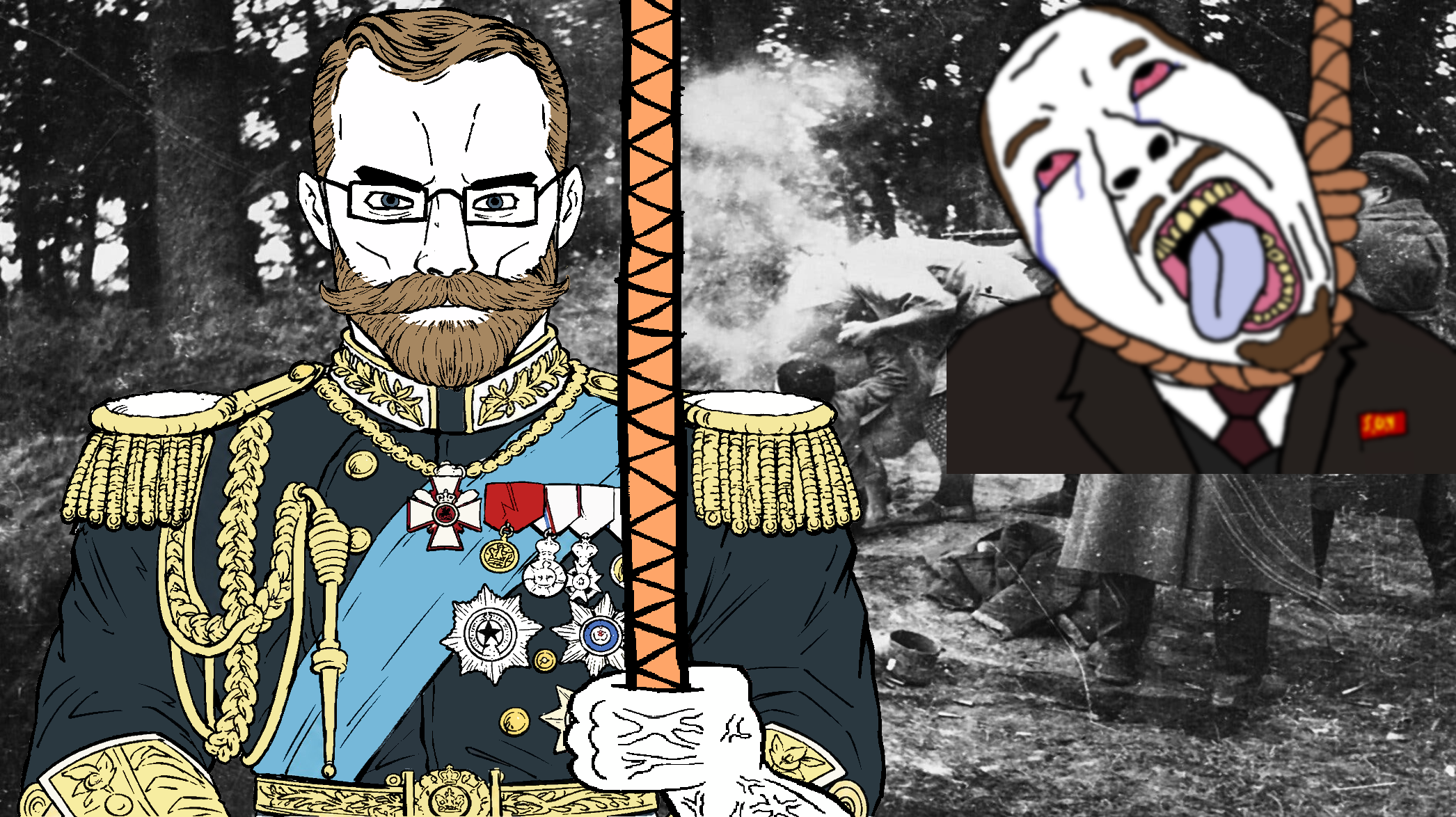 bernd, chudjak, chudjak front, muscular chud, 2soyjaks, ack, bald, beard, blonde hair, bloodshot eyes