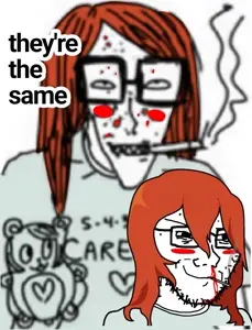 soyak, closed mouth, comic, front view, hair, long hair, looking to the right, orange hair, randal's friends, smile