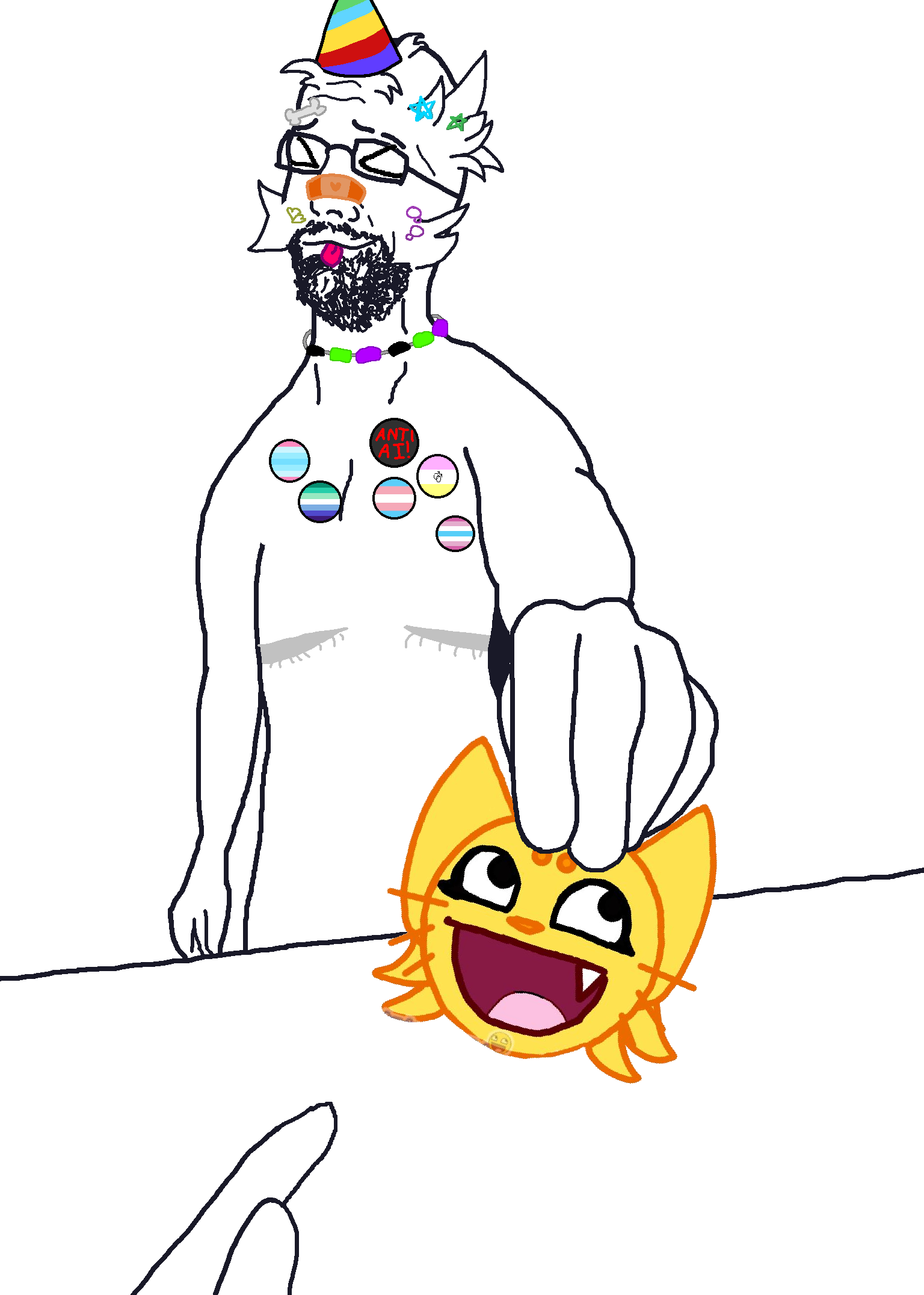 bartender, zillyjak, 1soyjak, beard, blush, closed mouth, epic face, flag, front view, fur