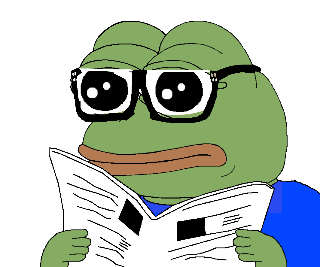pepe, black eyes, book, brian, closed mouth, glasses, green skin, holding object, looking at object, newspaper