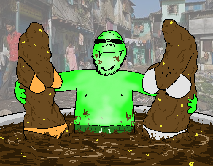 gapejak, 1soyjak, bald, bikini, closed mouth, corn, front view, glasses, green skin, half body