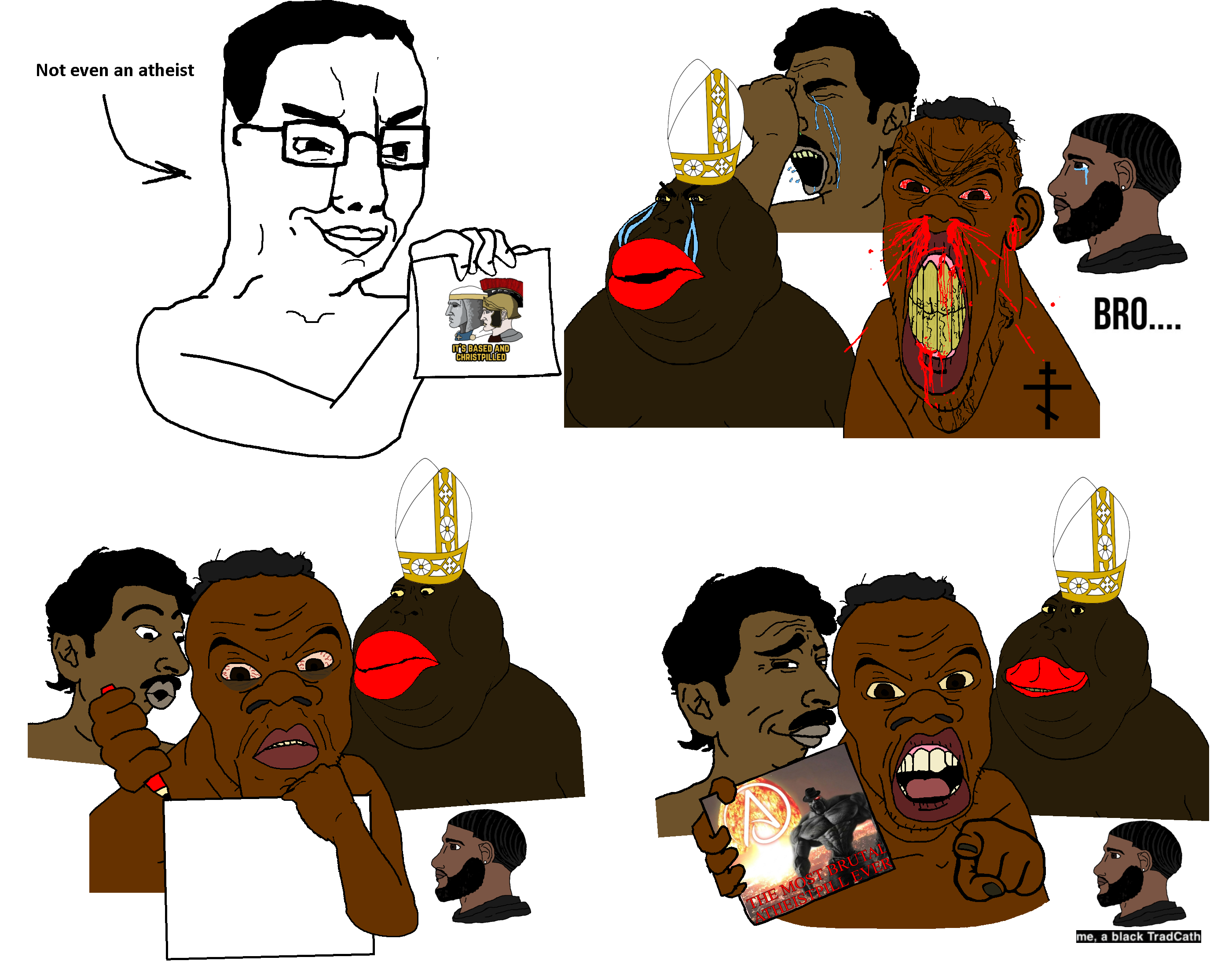 black tradcath, gigachad, terachad, yes chad, chudjak, cryboy soyjak, feraljak, impish soyak ears, meximutt, pajeetjak