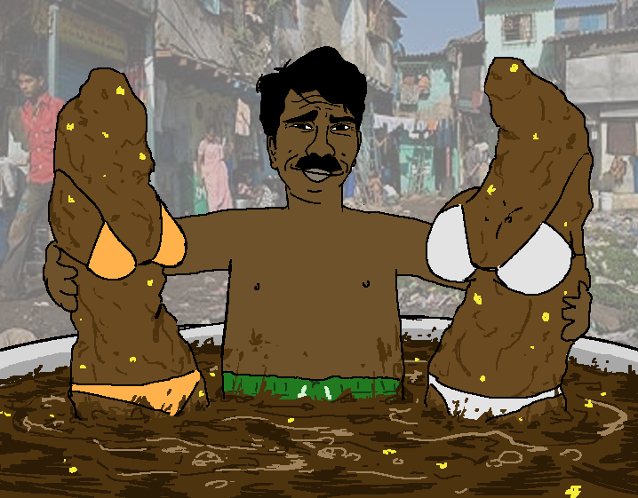 pajeetjak, pajeetjak front, 1soyjak, bald, bikini, black hair, brown skin, closed mouth, corn, front view