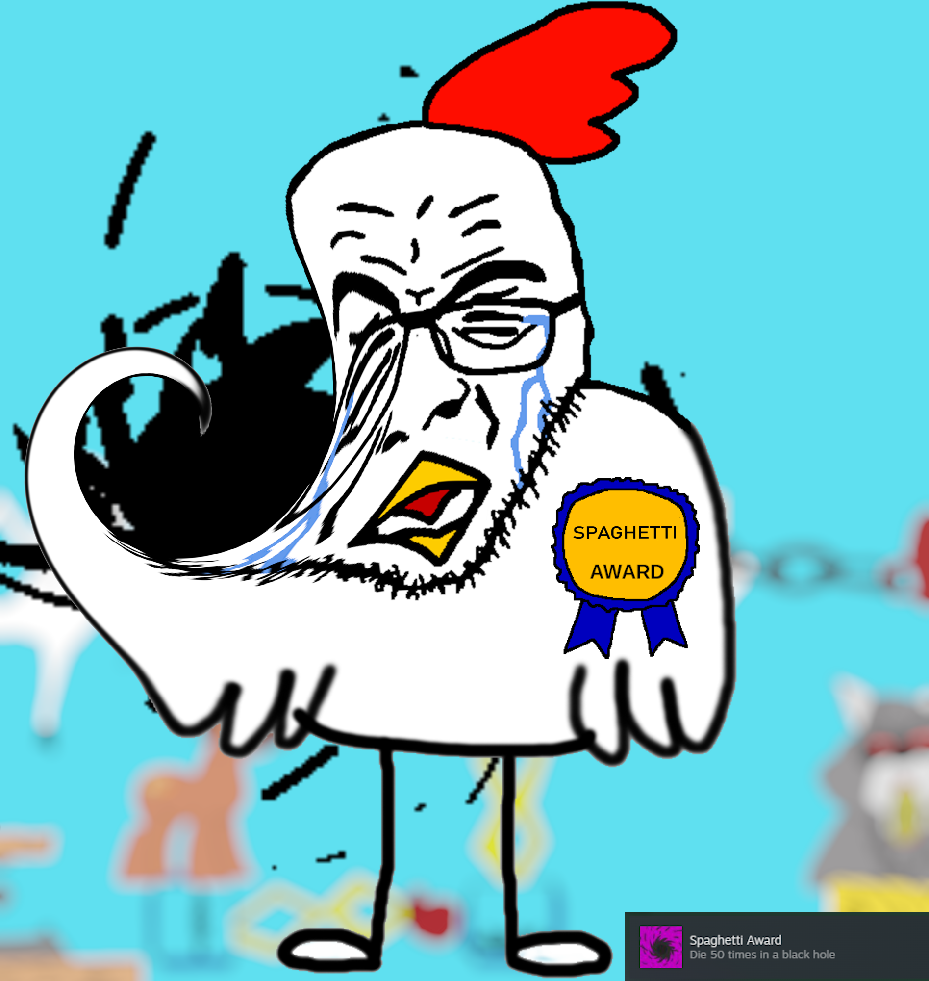 rupturejak, 1soyjak, animal, award, beak, black hole, chicken, closed eyes, full body, glasses