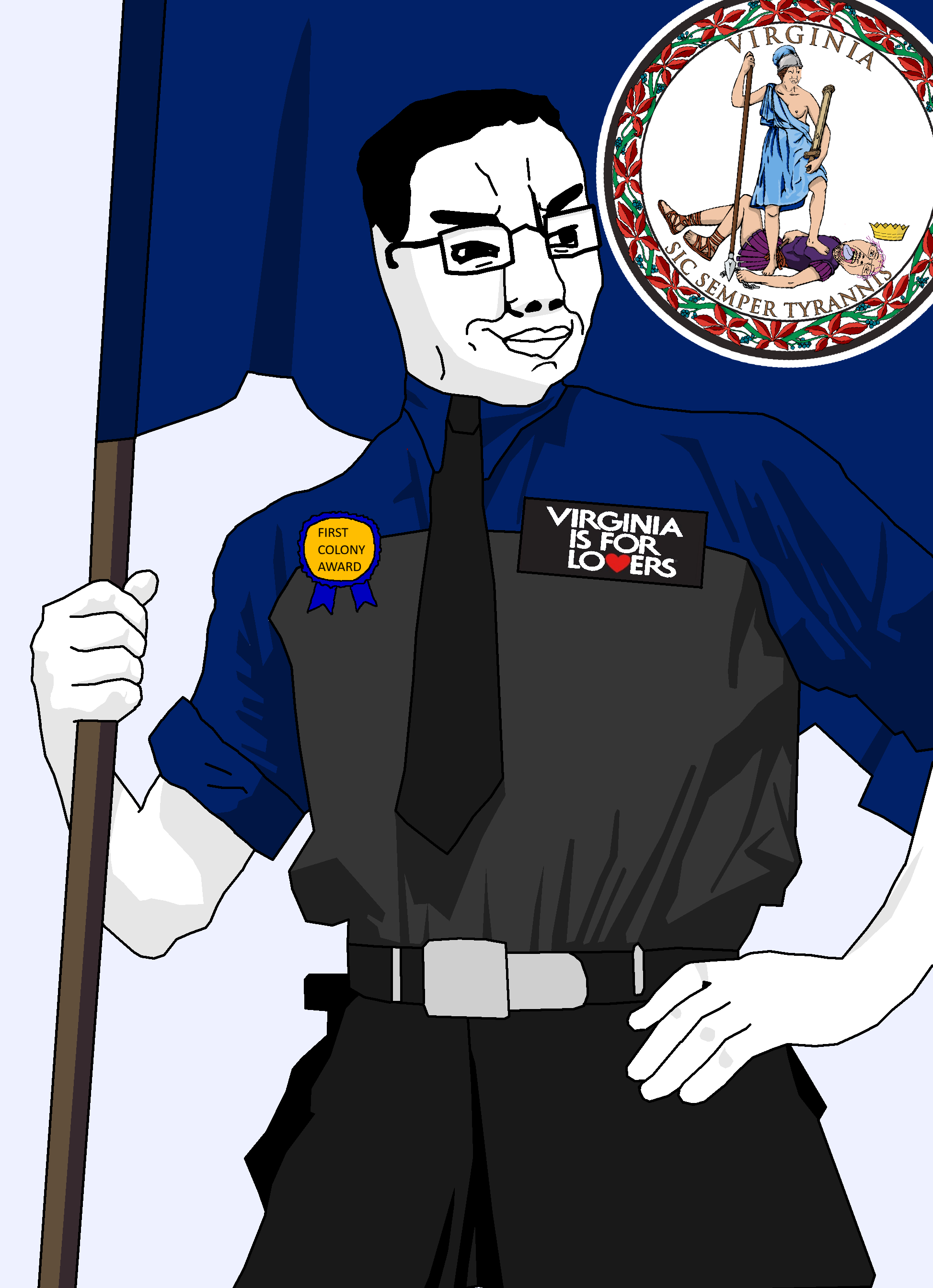 chudjak, militant chud holding flag, 1soyjak, award, black eyes, black hair, closed mouth, hair, half body, holding flag