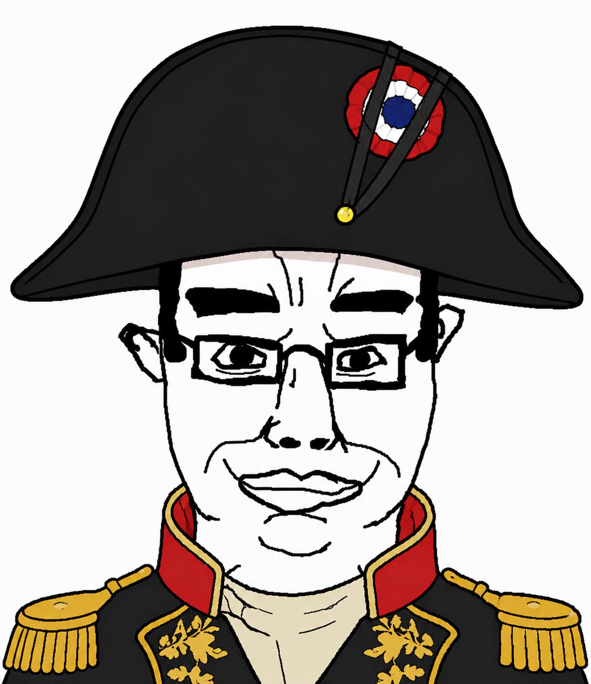 chudjak, chudjak front, 1soyjak, bicorne, black eyes, black hair, bowl cut, closed mouth, front view, glasses
