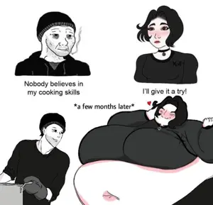 doomer girl wojak, doomer wojak, wojak, bbw, beanie, belly, black hair, cigarette, closed mouth, clothes