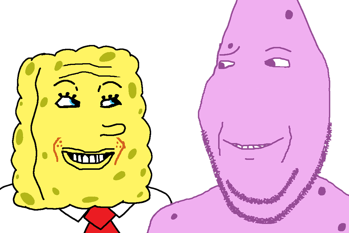 patrick star, spongebob squarepants, gapejak, markiplier soyjak, grinplier, are you soying what im soying, 2soyjaks, blue eyes, cheeks, closed mouth