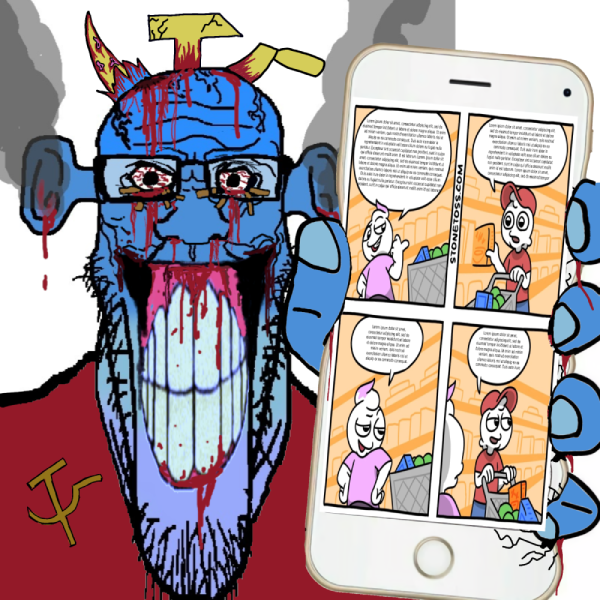 markiplier soyjak, longplier, calm, showing phone, blood, bloodshot eyes, blue skin, calm, clenched teeth, comic