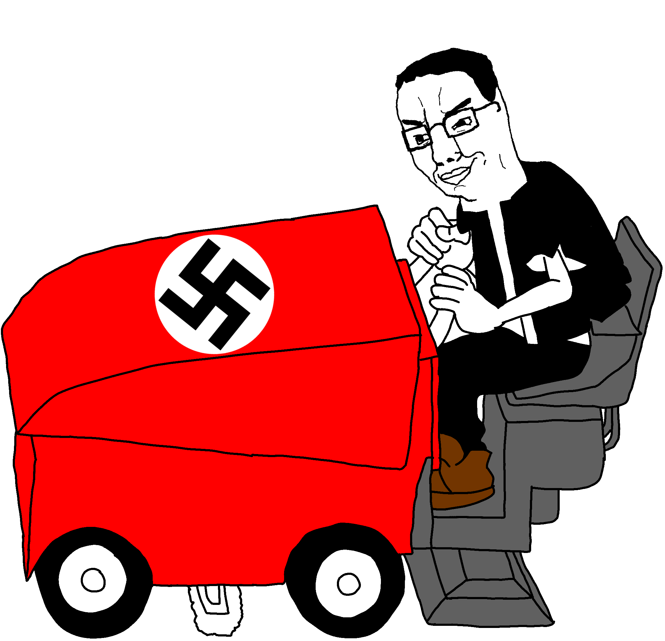 chudjak, 1soyjak, big lips, black eyes, black hair, black suit, closed mouth, driving, eyebrows, full body