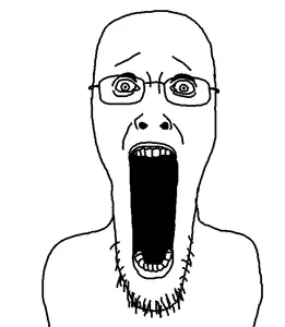 nostaljak, 1soyjak, doug walker, glasses, monochrome, nostalgia critic, open mouth, soyjak, stretched mouth, stubble