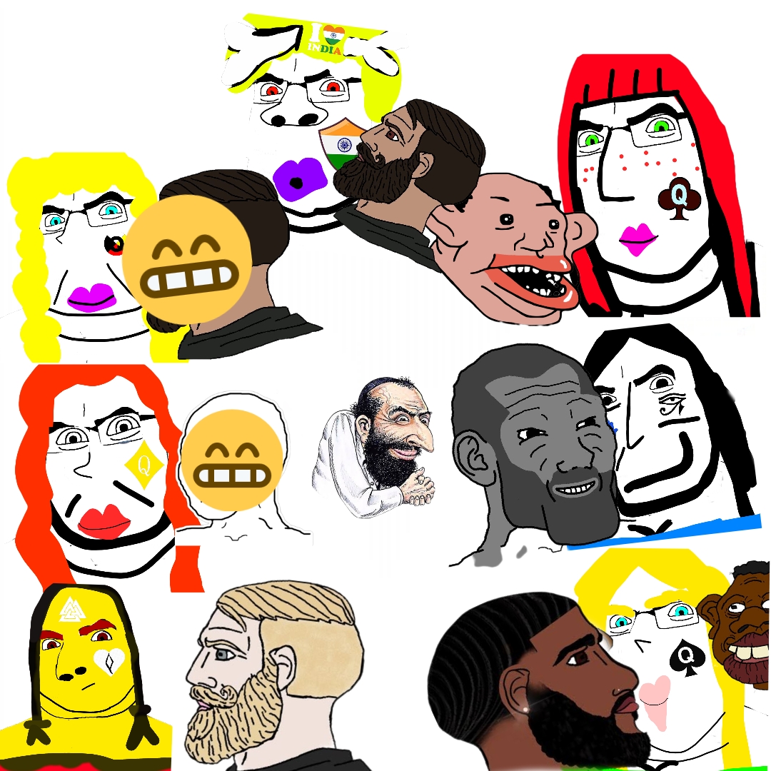 black tradcath, gigachad, happy merchant, wojak, yes chad, cobson, amerimutt, aliased, bald, black skin