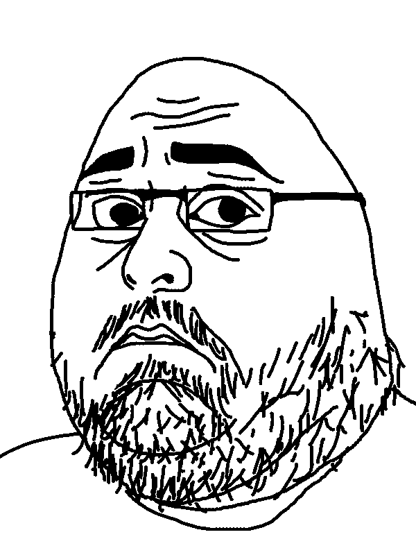 obese chudnugget, 1soyjak, bald, black and white, black eyes, closed mouth, fap, fat, frown, glasses